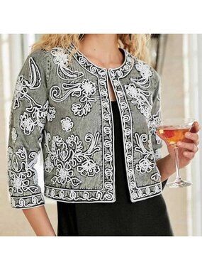 Soft Surroundings Wildwood Embroidered Cropped Bolero Jacket Size M